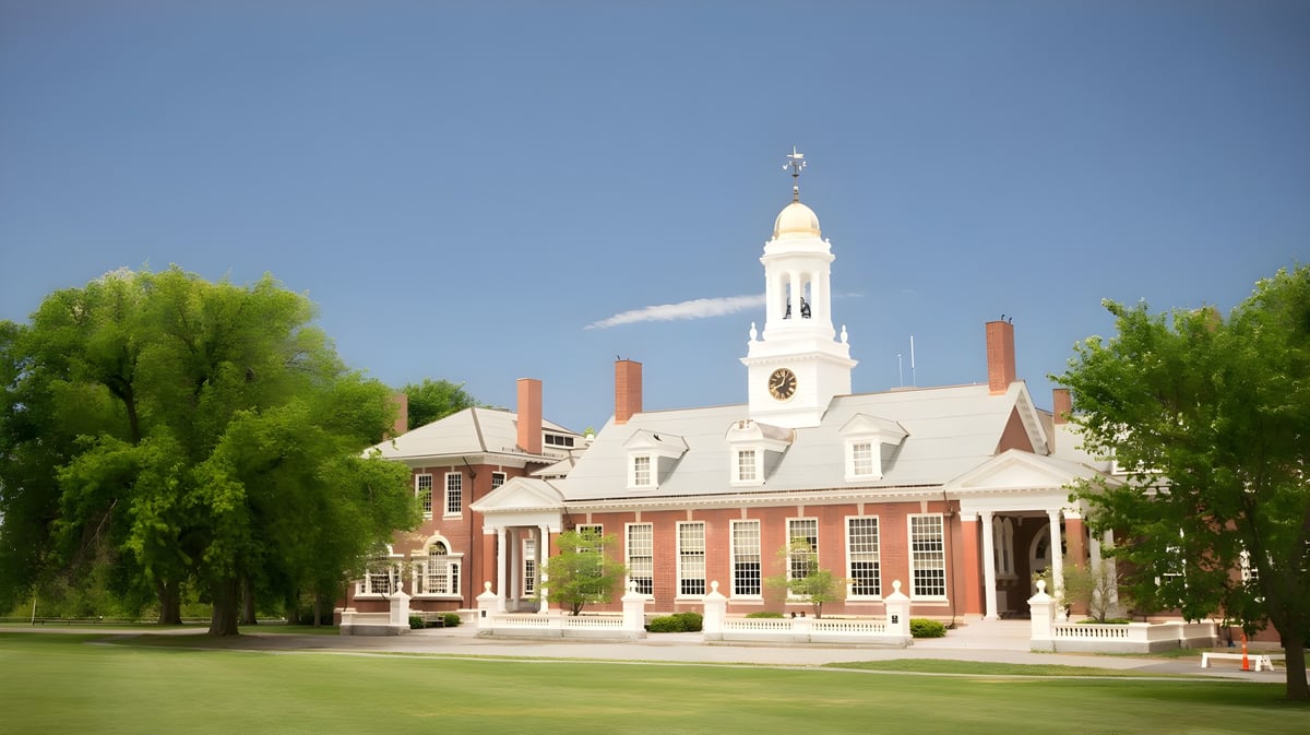 Das Backsteingebäude mit weißem Uhrturm auf dem Campus der Groton School ist von Bäumen und einer grünen Wiese umgeben.