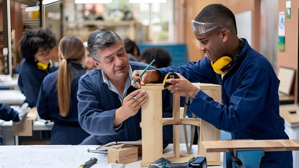 Zwei Männer arbeiten gemeinsam an einem Holzprojekt in der Werkstatt des Guelph Collegiate Vocational Institute.