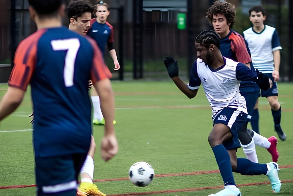 Schüler der Guildhouse School London spielen Fußball auf einem Rasenfeld.