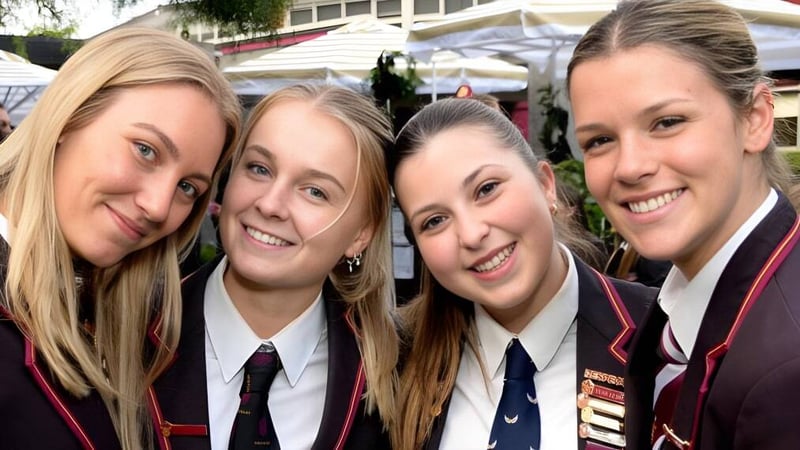 Vier Schülerinnen der Haileybury School posieren gemeinsam auf einem Markt im Freien.