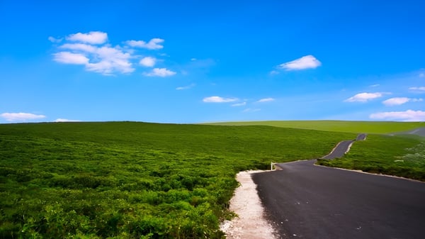 Eine gewundene Straße führt durch eine grüne hügelige Landschaft unter blauem Himmel auf dem Gelände der Hallett Cove School.