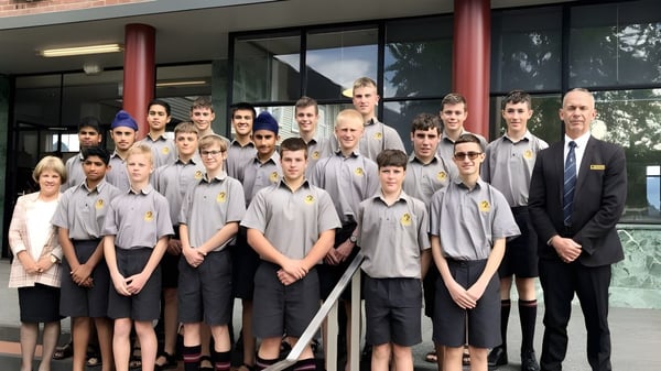 Eine Gruppe von Schülerinnen, Schülern und Lehrkräften posiert vor dem Schulgebäude der Hamilton Boy's High School.