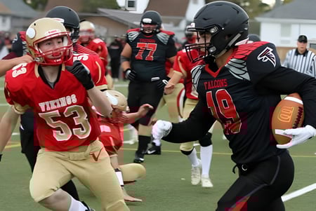 Zwei Footballspieler in rot-schwarzer Uniform spielen auf dem Feld der Hammarskjold High School.