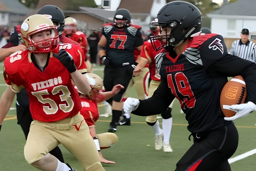 Zwei Footballspieler in rot-schwarzer Uniform spielen auf dem Feld der Hammarskjold High School.