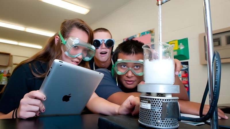 Schüler der Hanalani Schools machen im Klassenraum mit verschiedenen Objekten wie iPad und Mixer lustige Gesichter.