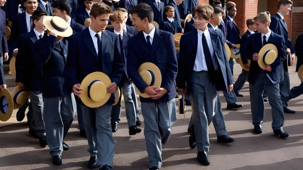 Eine Gruppe Schüler der Harrow School geht formell gekleidet in Anzügen und Hüten gemeinsam spazieren.
