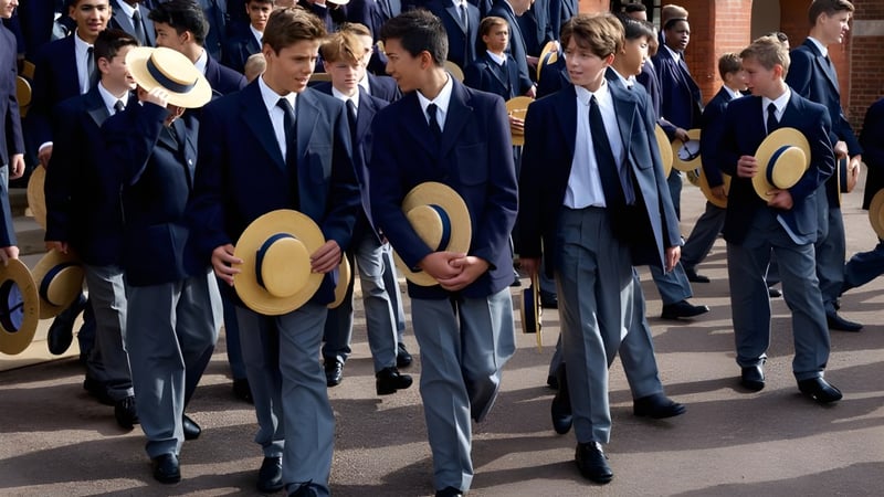 Eine Gruppe Schüler der Harrow School geht formell gekleidet in Anzügen und Hüten gemeinsam spazieren.