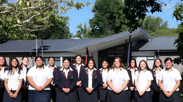 Eine Gruppe Schülerinnen in Schuluniformen steht vor einem Gebäude mit Metall-Dach auf dem Campus der Hastings Girls' High School.