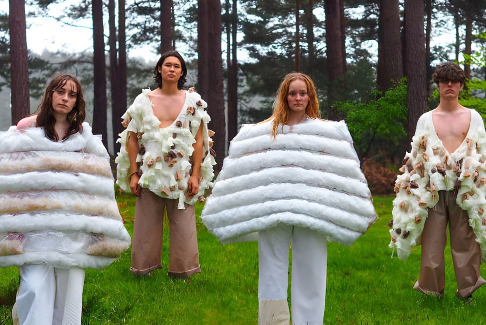 Vier Models tragen auf dem Gelände des Havant College ausgefallene weiße und beige Outfits im Wald mit hohen Kiefern.