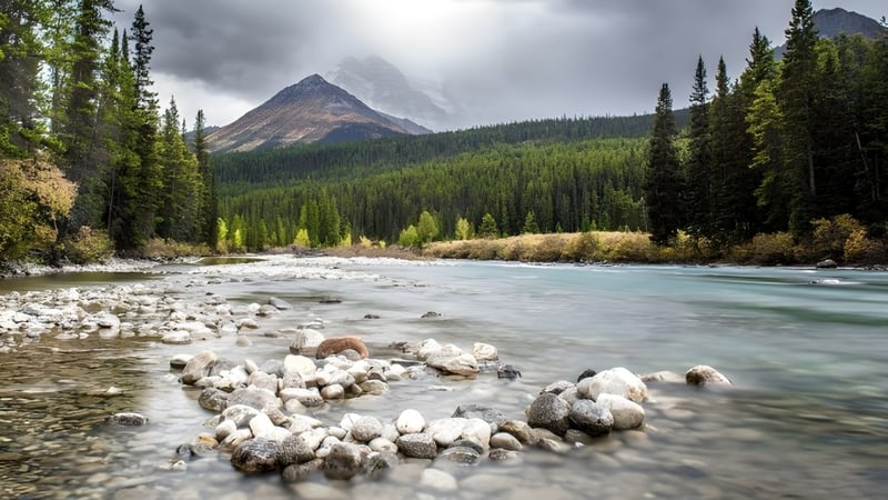 Ein Bergbach fließt durch ein bewaldetes Tal in der Nähe der Hay Lakes School.