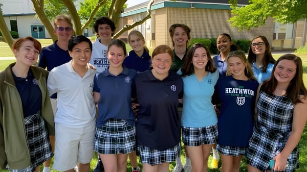 Eine Gruppe lächelnder Studentinnen steht gemeinsam auf dem Campus der Heathwood Hall Episcopal School.