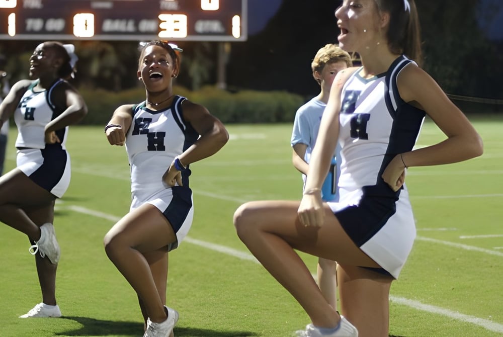 Sportler der Heathwood Hall Episcopal School stehen auf dem Fußballfeld vor einer Anzeigetafel.