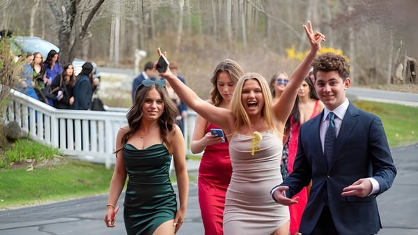 Eine Gruppe von Schülerinnen und Schülern der Hebron Academy steht auf einem Weg im Freien, umgeben von Bäumen, und hebt die Arme in Jubel.