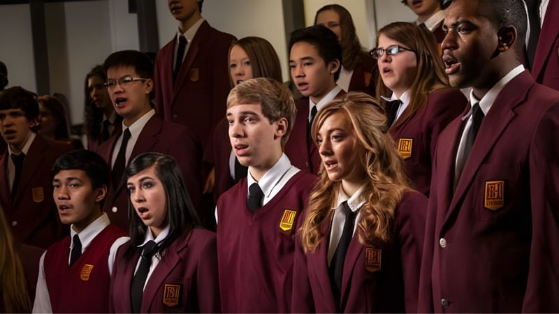 Schüler der Heritage Christian Academy stehen in einem formellen Rahmen zusammen und singen in Chorrobe.
