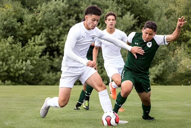 Zwei Schüler spielen Fußball auf dem Sportplatz der High Mowing School vor einem Waldgebiet.