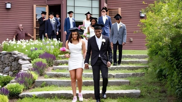 Eine Gruppe formal gekleideter Personen, darunter Braut und Bräutigam, geht die steinernen Treppen auf dem Gelände der High Mowing School hinauf.