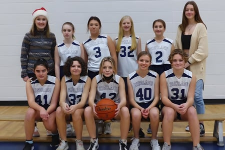 Eine Gruppe junger Basketballspielerinnen der Highland Secondary School posiert gemeinsam in der Turnhalle mit einem Basketball.