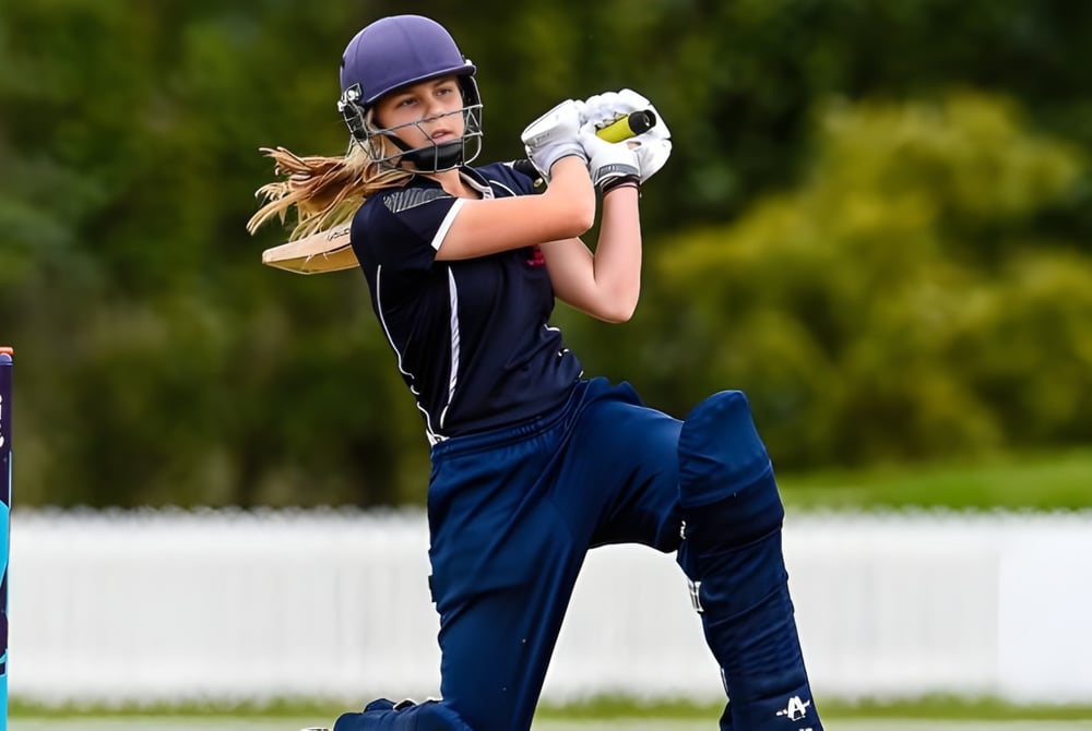 Eine Cricketspielerin der Highlands Christian College steht im blauen Trikot mit einem Schläger bereit auf dem Spielfeld.