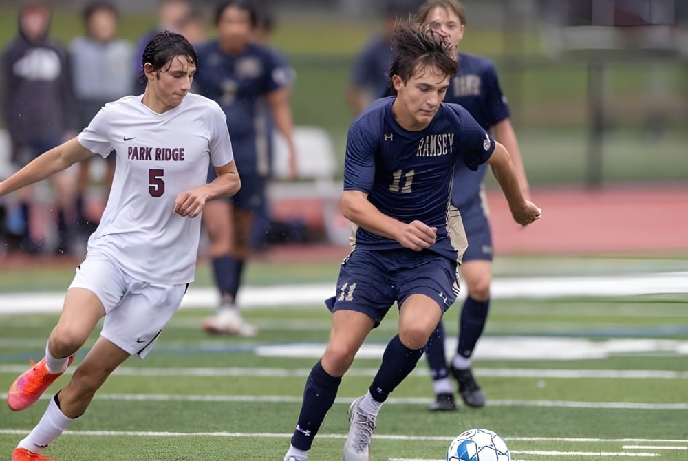 Zwei Schüler spielen Fußball auf dem Sportplatz von Hillcrest Christian College vor Zuschauern.