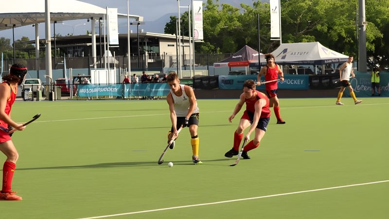 Eine Gruppe von Schülerinnen und Schülern spielt Feldhockey auf dem Kunstrasenfeld am Hobart College.