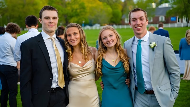 Vier Schülerinnen und Schüler der Holderness School posieren in formeller Kleidung zusammen im Freien vor Bäumen und einer Wiese.