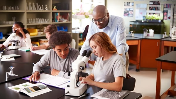 Schüler und Lehrer am Holy Rosary College arbeiten gemeinsam an einem Forschungsprojekt im Klassenraum.