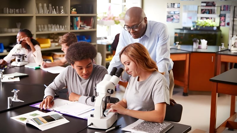 Schüler und Lehrer am Holy Rosary College arbeiten gemeinsam an einem Forschungsprojekt im Klassenraum.