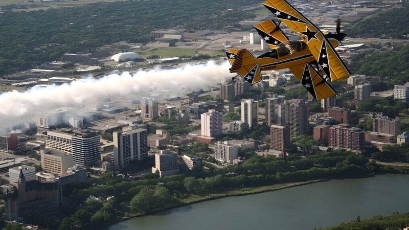 Ein Kunstflugzeug führt akrobatische Manöver über der Skyline mit Hochhäusern und Wasser im Hintergrund auf dem Campus der Holy Cross High School vor.