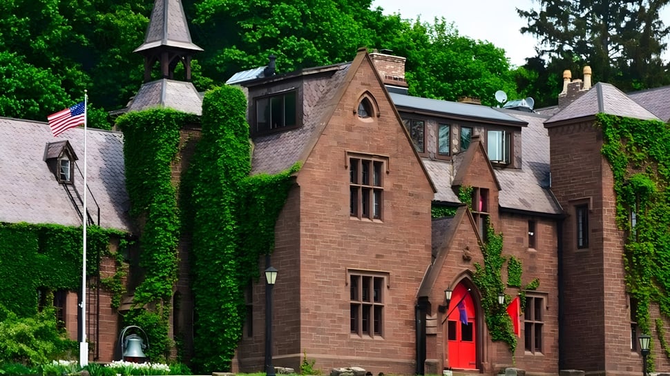 Das Backsteingebäude der Hoosac School mit roter Tür ist von grüner Vegetation umgeben und zeigt im Vordergrund eine amerikanische Flagge.