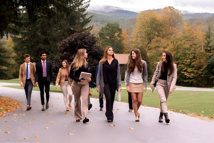 Eine Gruppe von Schülern der Hoosac School macht einen Spaziergang auf einem Weg mit herbstlichem Laub und Bergen im Hintergrund.