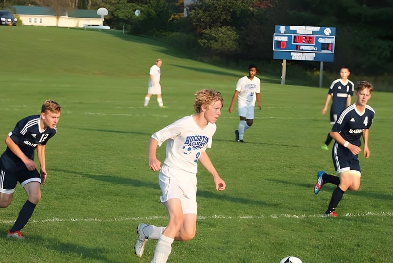Schülerinnen und Schüler der Houghton Academy spielen Fußball auf dem Spielfeld während eines Spiels.