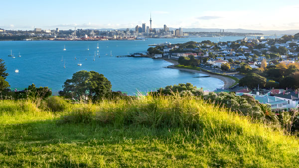 Blick von Howick College auf eine grüne Wiese mit Blick auf eine Stadt mit Hochhäusern und Wasser.