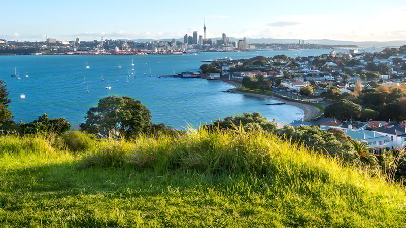 Blick von Howick College auf eine grüne Wiese mit Blick auf eine Stadt mit Hochhäusern und Wasser.