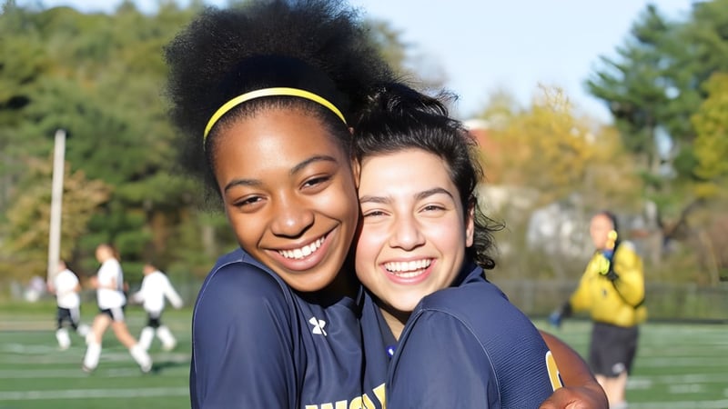 Zwei Schülerinnen der Hyde School umarmen sich freundlich auf einer Wiese mit Bäumen im Hintergrund.