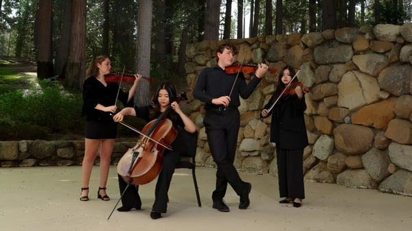 Vier Musikerinnen und Musiker mit Streichinstrumenten stehen auf dem Gelände der Idyllwild Arts Academy vor einer Steinmauer im Wald.