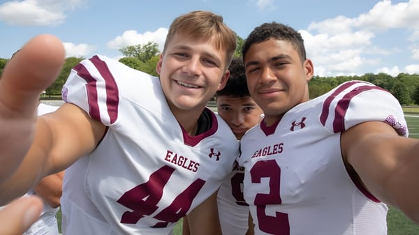 Drei Schüler der Indiana Private Highschool tragen weiße und weinrote Sporttrikots und posieren draußen vor bewölktem Himmel und Bäumen.