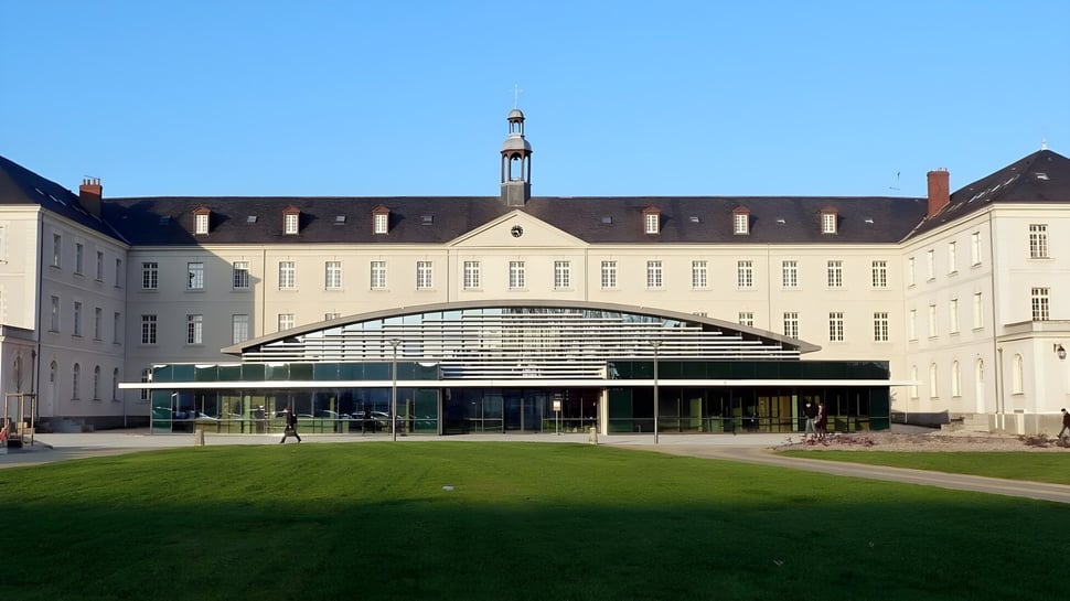 Das historische Hauptgebäude der Institution Mongazon mit markantem Bogen und gepflegtem Rasen im Vordergrund.