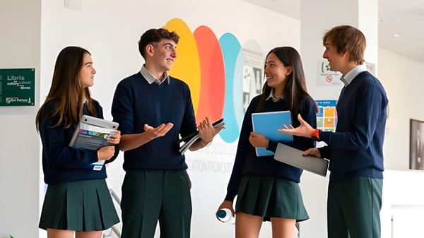 Vier Schülerinnen und Schüler unterhalten sich im Flur der International School San Patricio Toledo vor einer bunten Wandmalerei.
