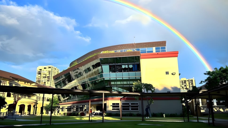 Ein bunter Regenbogen spannt sich über das moderne Gebäude der Iolani School mit einem Hof im Vordergrund.