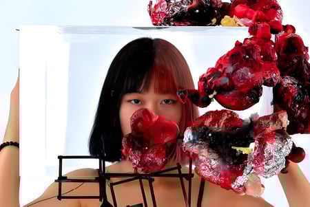 Eine junge Frau mit dunklen Haaren steht vor roten und rosa Blumenarrangements auf dem Campus der International School of Creative Arts.