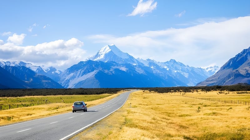 Ein gewundener Weg führt durch eine goldene Wiese zu schneebedeckten Bergen in der Nähe des James Hargest College.