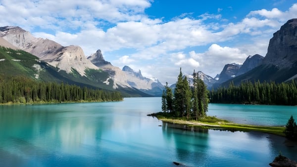 Ein ruhiger See mit einer kleinen Insel und schneebedeckten Bergen im Hintergrund nahe der James M. Hill Memorial High School.