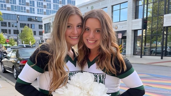 Zwei Schülerinnen der Jenison High School posieren vor dem modernen Schulgebäude mit großen Fenstern.