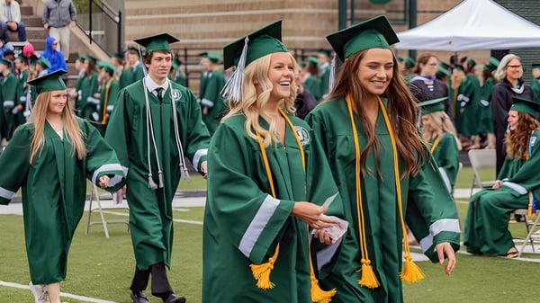 Absolventinnen und Absolventen von Jenison Public Schools stehen in grünen Talaren und Hüten auf einem Rasen im Freien.