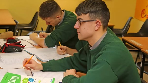 Zwei Schüler in grünen Uniformen sitzen konzentriert im Klassenzimmer der Jesus and Mary Secondary School und arbeiten an Aufgaben.