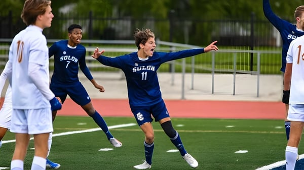 Schüler vom John Paul College feiern ein Tor beim Fußballspiel auf dem Schulgelände.