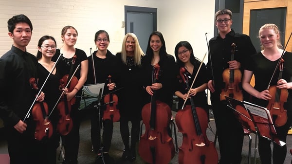Eine Gruppe Musiker mit Geigen und Celli steht gemeinsam in einem Raum im John Polanyi Collegiate Institute.