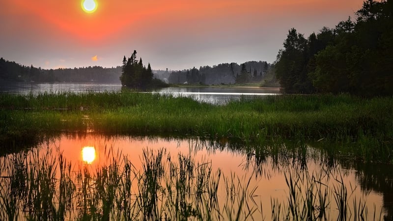 Ein ruhiger See mit dichten grünen Wäldern und orangefarbenem Himmel spiegelt sich auf dem Gelände der John Rennie High School.