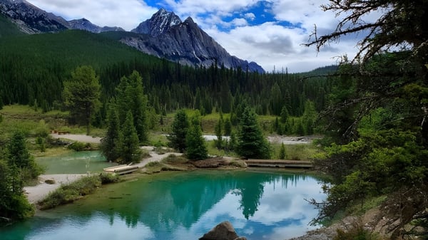 Ein ruhiger Bergsee spiegelt die Gipfel und Tannenwälder in der Landschaft nahe dem John Taylor Collegiate wider.
