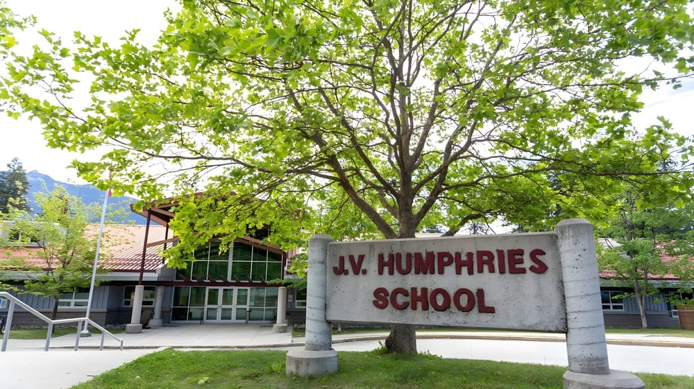 Ein großer Baum mit dichtem grünen Laub steht am Eingang des Schulgebäudes der J.V. Humphries Secondary School.